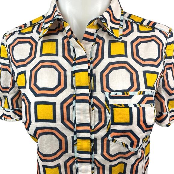 Tory Burch Yellow Multicolor Geometric Short Sleeve Button Down Shirt Top Sz 2 - Picture 3 of 4